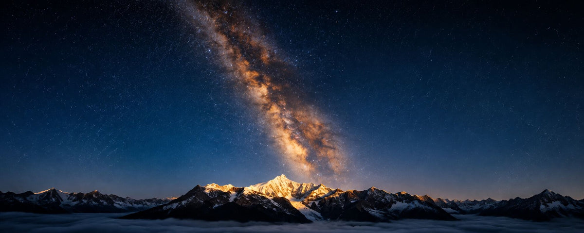The Milky Way above a snow-covered mountain range