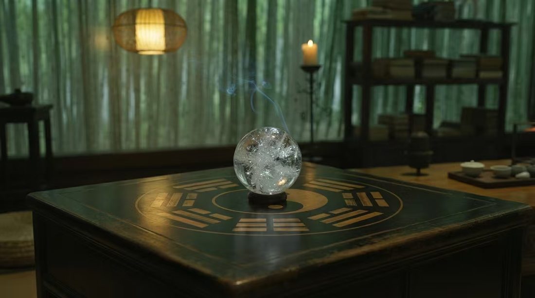 A crystal ball on a black lacquer bagua table in a Chinese study