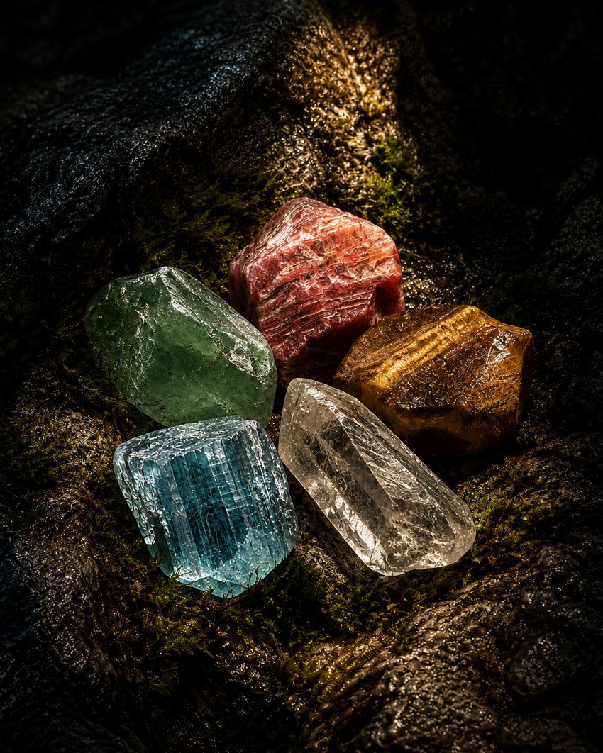 Five natural raw gemstones resting on a moss-covered rock