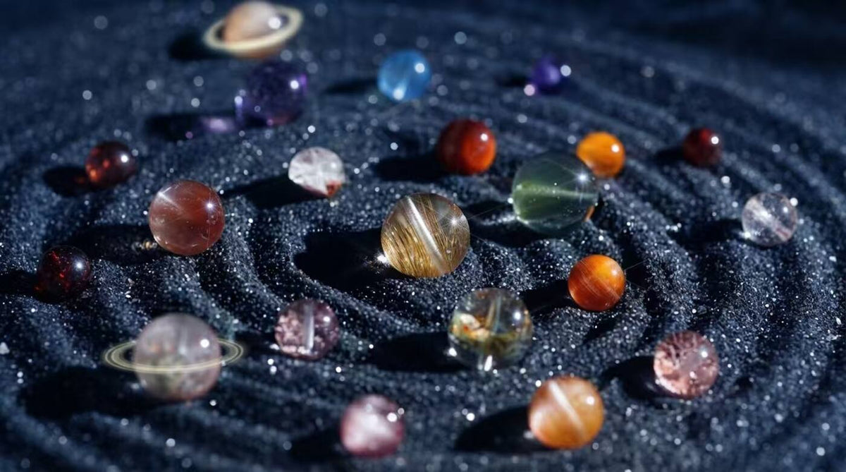 Loose gemstone beads arranged across cosmic sand under a starry sky