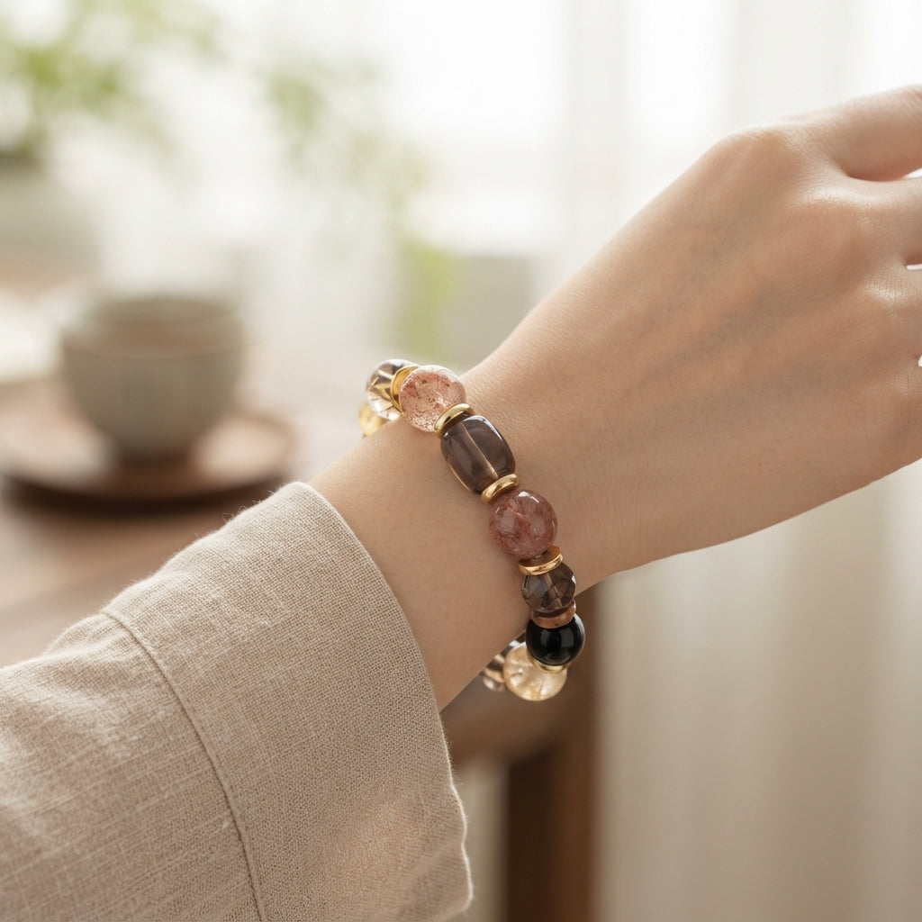 Cord-Cutting Cleansing Embers in the Dark Multicolor Black Gold Super Seven Grey Moonstone Handmade Bracelet·Earth｜Nourishment