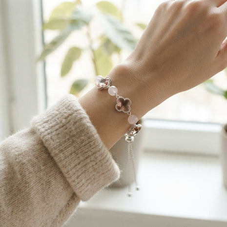 Self-Love Luck Clover Wish Two-Tone Rose Quartz Glass Handmade Clover Charm Bracelet·Fire｜Radiance