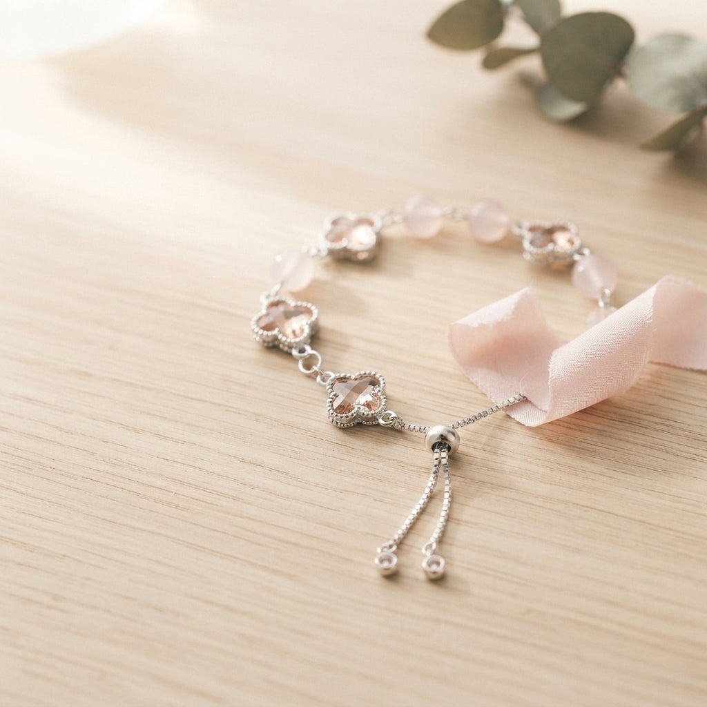 Self-Love Luck Clover Wish Two-Tone Rose Quartz Glass Handmade Clover Charm Bracelet·Fire｜Radiance