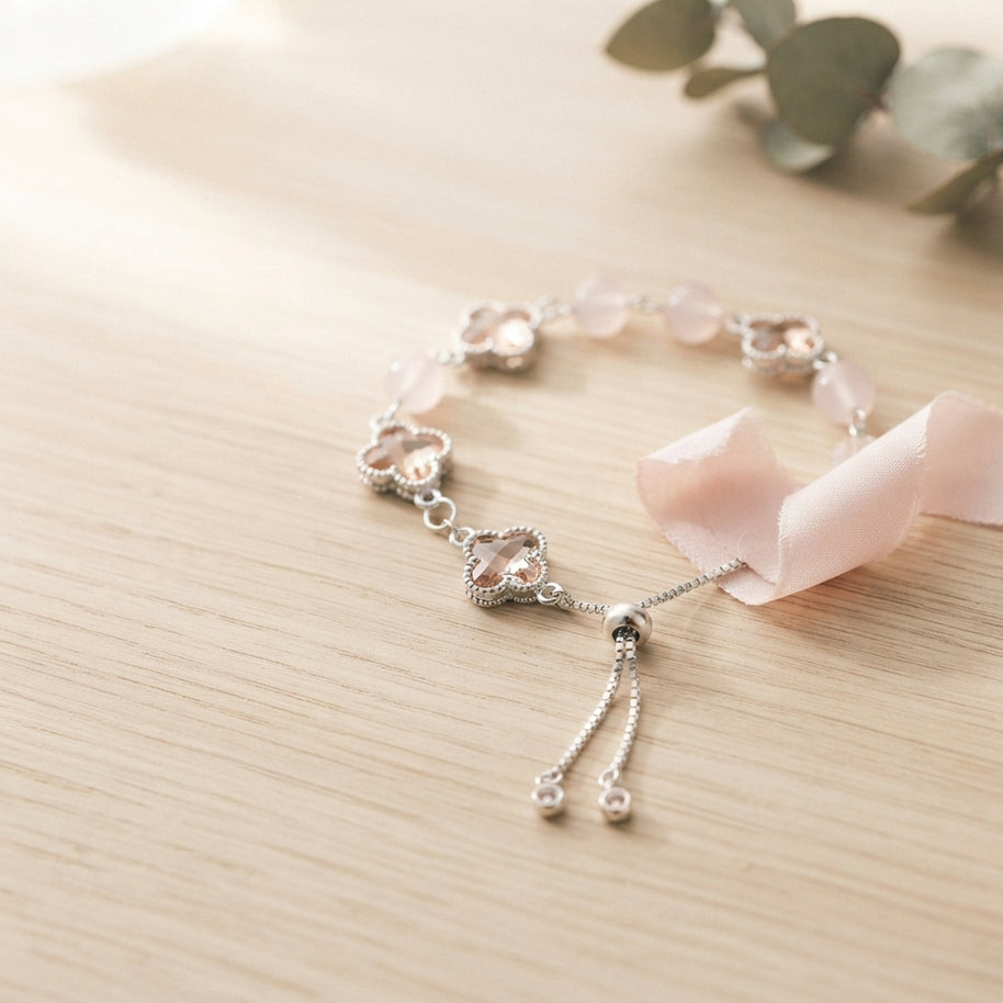 Self-Love Luck Clover Wish Two-Tone Rose Quartz Glass Handmade Clover Charm Bracelet·Fire｜Radiance