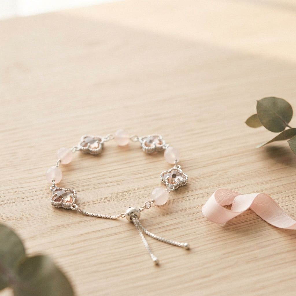 Self-Love Luck Clover Wish Two-Tone Rose Quartz Glass Handmade Clover Charm Bracelet·Fire｜Radiance