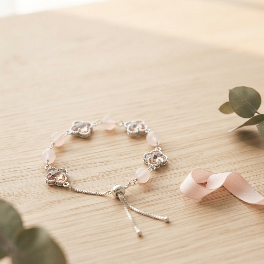 Self-Love Luck Clover Wish Two-Tone Rose Quartz Glass Handmade Clover Charm Bracelet·Fire｜Radiance