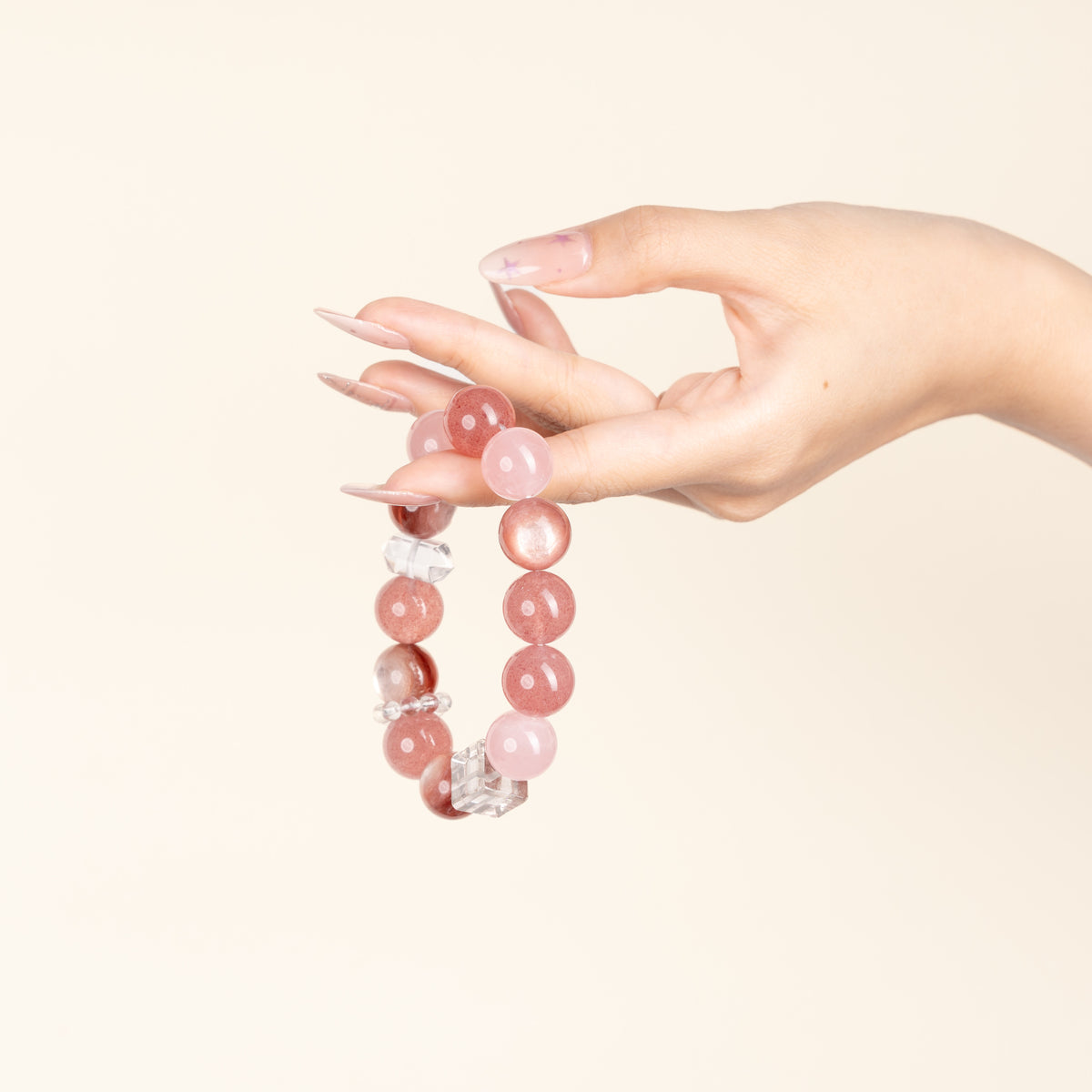 Love Self-Love Blush Romance Two-Tone Rose Quartz Strawberry Quartz Handmade Bracelet·Fire｜Passion — on-hand image 2