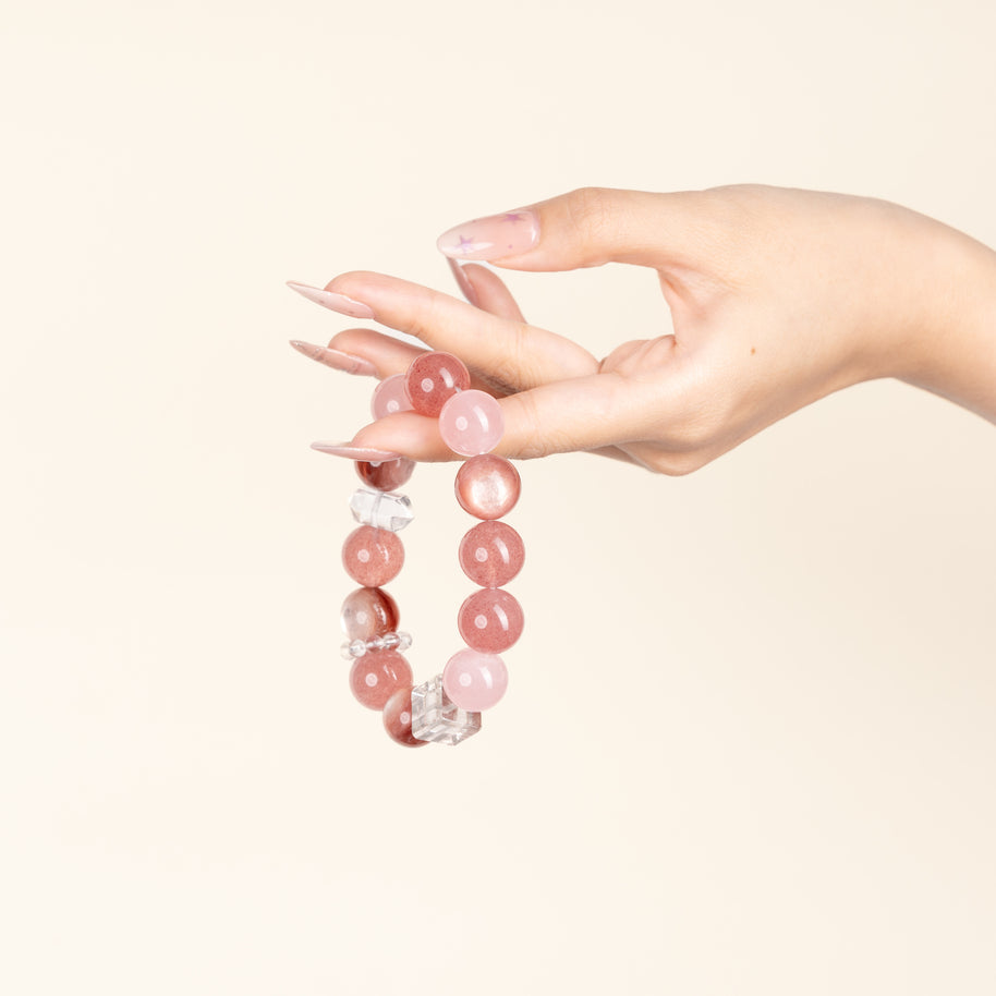 Love Self-Love Blush Romance Two-Tone Rose Quartz Strawberry Quartz Handmade Bracelet·Fire｜Passion — on-hand image 2