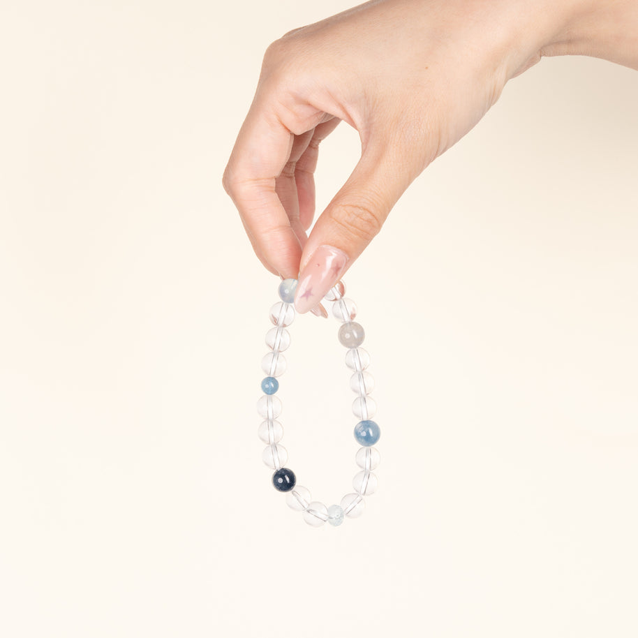 Source Connection Intuition Frosted Clarity Clear Quartz Aquamarine Handmade Bracelet·Metal｜Clarity — on-hand image 2