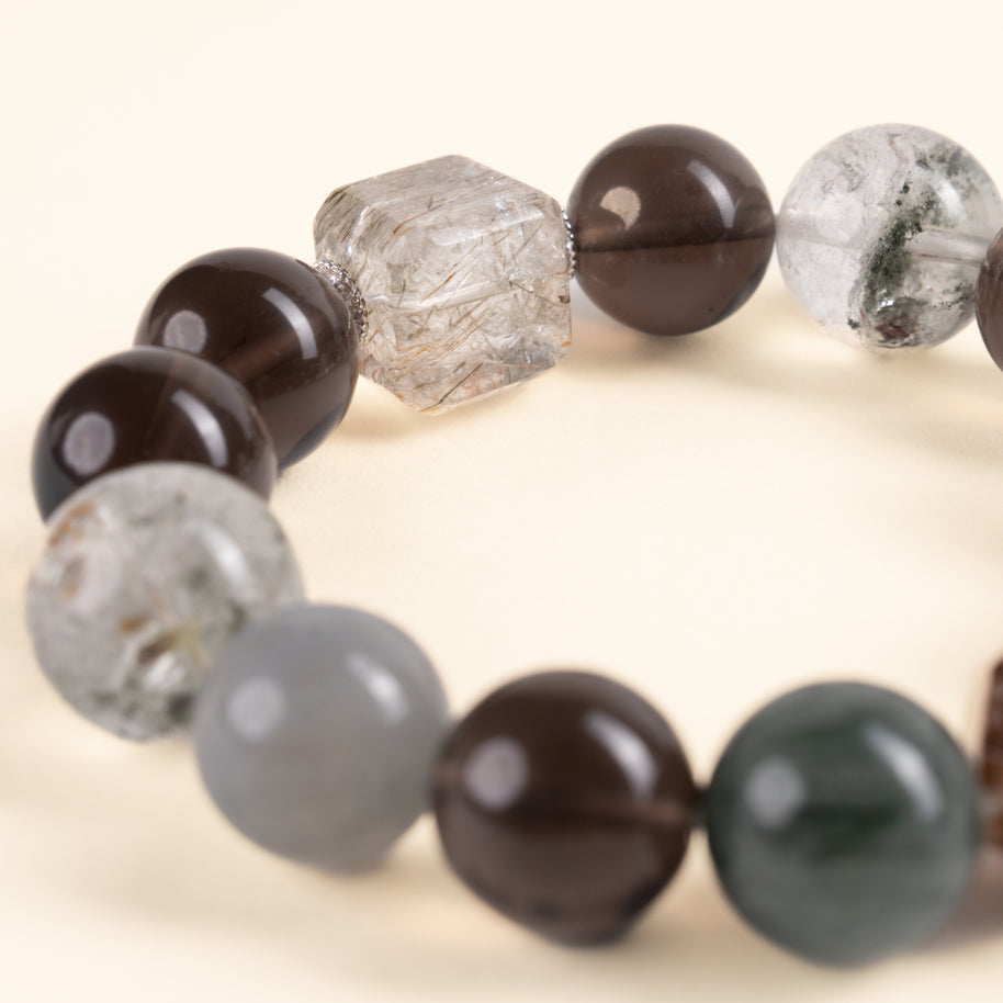 Transformation Cleansing Moonlight Drift Phantom Quartz Smoky Quartz Handmade Bracelet·Metal｜Clarity — detail image 2