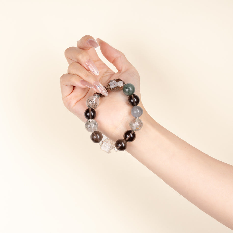 Transformation Cleansing Moonlight Drift Phantom Quartz Smoky Quartz Handmade Bracelet·Metal｜Clarity — on-hand image 2