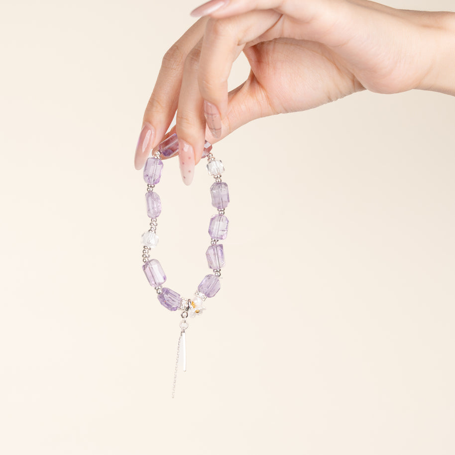 Lilac Whisper — Calm Intuition Two-Tone Amethyst Clear Quartz Handmade Bracelet · Fire｜Passion — on-hand image 2