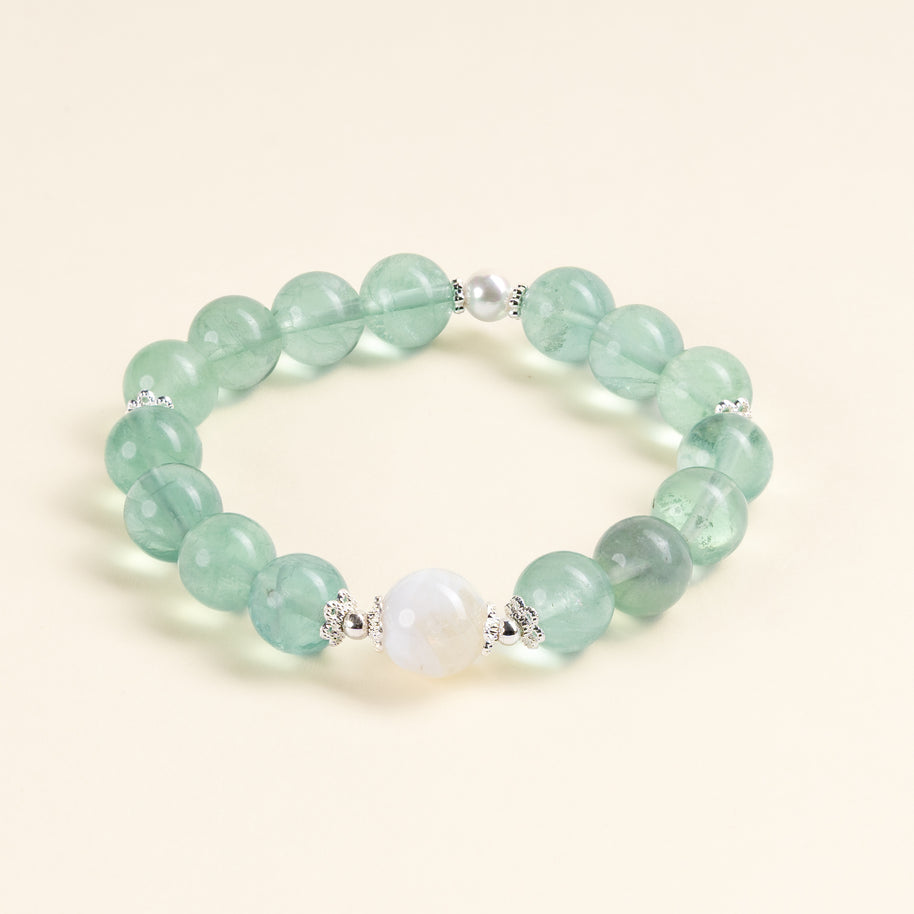 Cleansing Intuition Clear Light Dream White Phantom Quartz Green Fluorite Handmade Bracelet·Metal｜Clarity — main