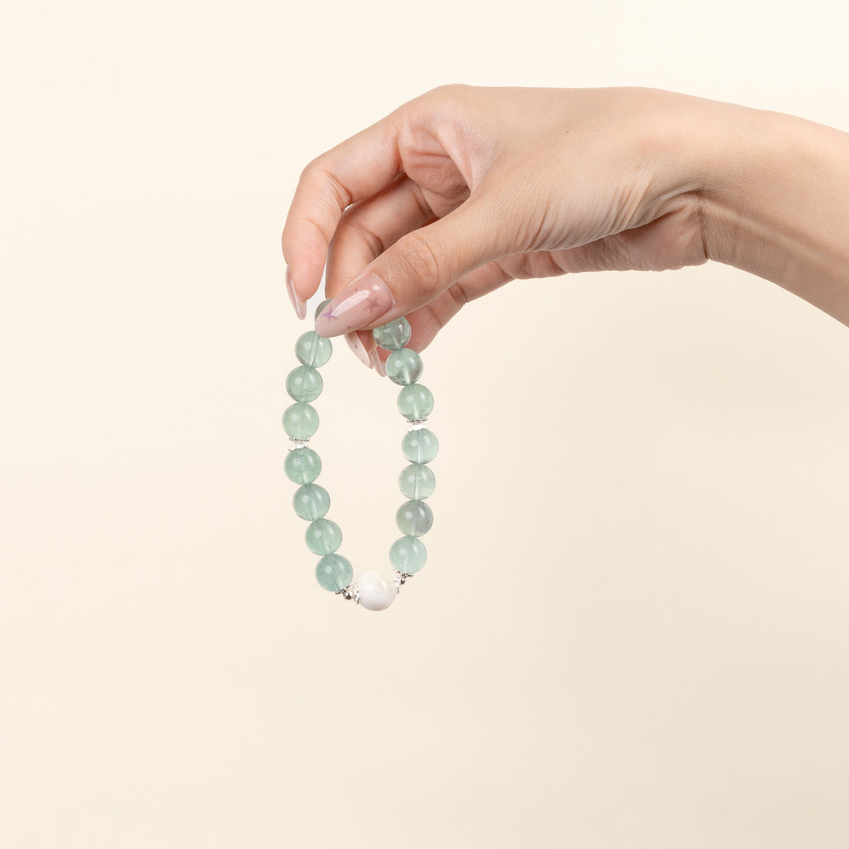 Cleansing Intuition Clear Light Dream White Phantom Quartz Green Fluorite Handmade Bracelet·Metal｜Clarity — on-hand image 1