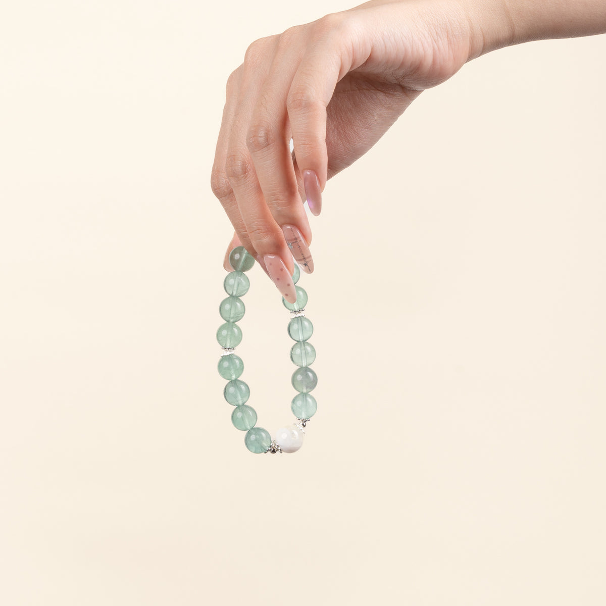 Cleansing Intuition Clear Light Dream White Phantom Quartz Green Fluorite Handmade Bracelet·Metal｜Clarity — on-hand image 2