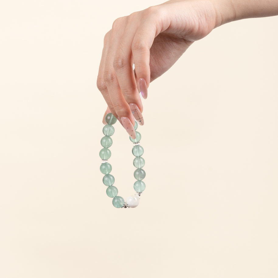 Cleansing Intuition Clear Light Dream White Phantom Quartz Green Fluorite Handmade Bracelet·Metal｜Clarity — on-hand image 2