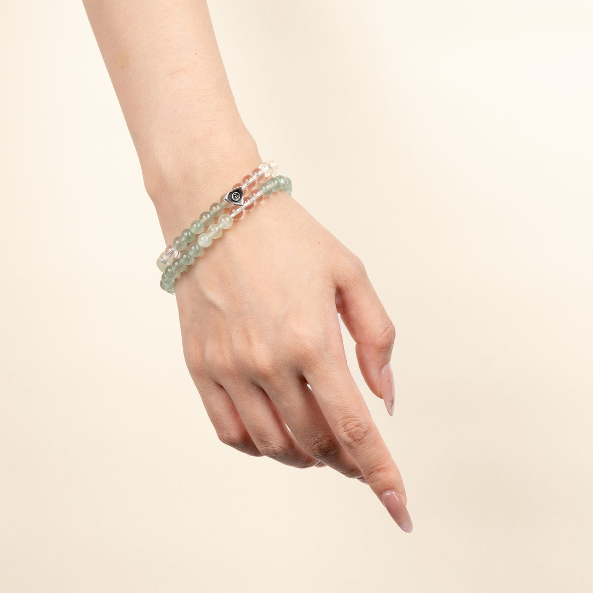 Self-Love Abundance Turning Toward Warmth Green Strawberry Quartz Clear Quartz Handmade 2-Wrap Bracelet·Fire｜Passion — on-hand image 1