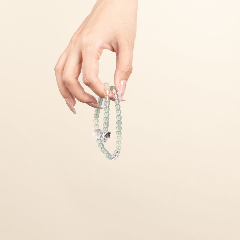 Self-Love Abundance Turning Toward Warmth Green Strawberry Quartz Clear Quartz Handmade 2-Wrap Bracelet·Fire｜Passion — on-hand image 2