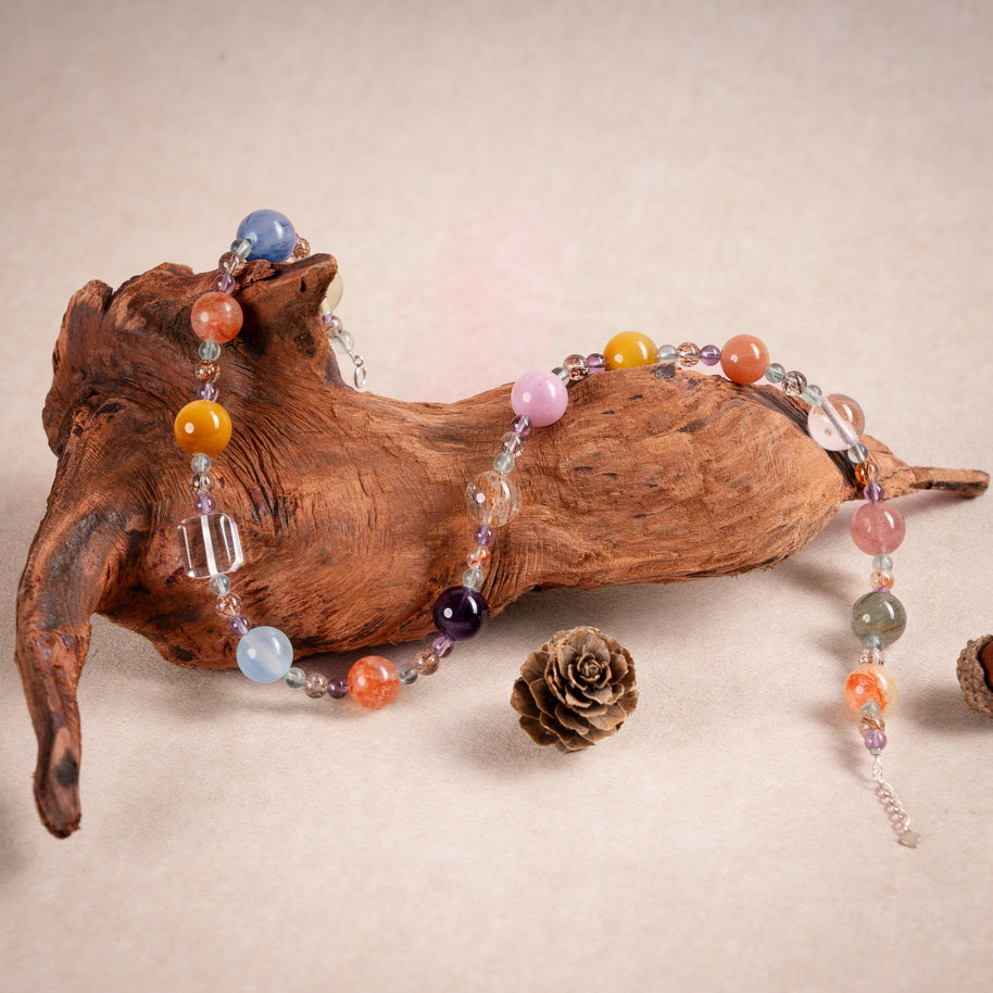 Calm Intuition Soft Evening Bloom Amethyst Green Fluorite Handmade Necklace·Fire｜Passion — atmosphere image 2