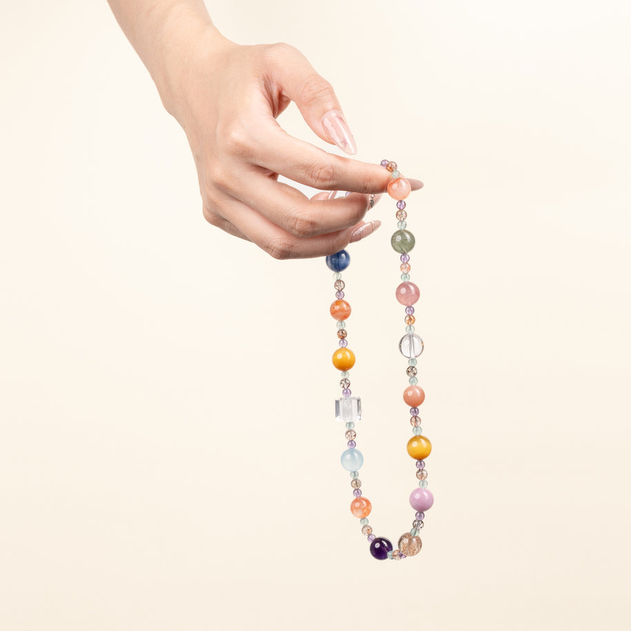 Calm Intuition Soft Evening Bloom Amethyst Green Fluorite Handmade Necklace·Fire｜Passion — on-hand image 2