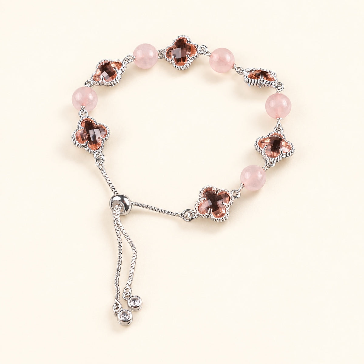 Self-Love Luck Clover Wish Two-Tone Rose Quartz Glass Handmade Clover Charm Bracelet·Fire｜Radiance