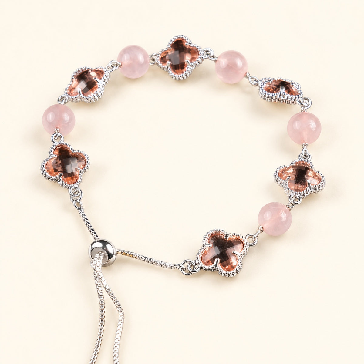 Self-Love Luck Clover Wish Two-Tone Rose Quartz Glass Handmade Clover Charm Bracelet·Fire｜Radiance