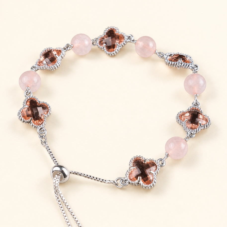 Self-Love Luck Clover Wish Two-Tone Rose Quartz Glass Handmade Clover Charm Bracelet·Fire｜Radiance
