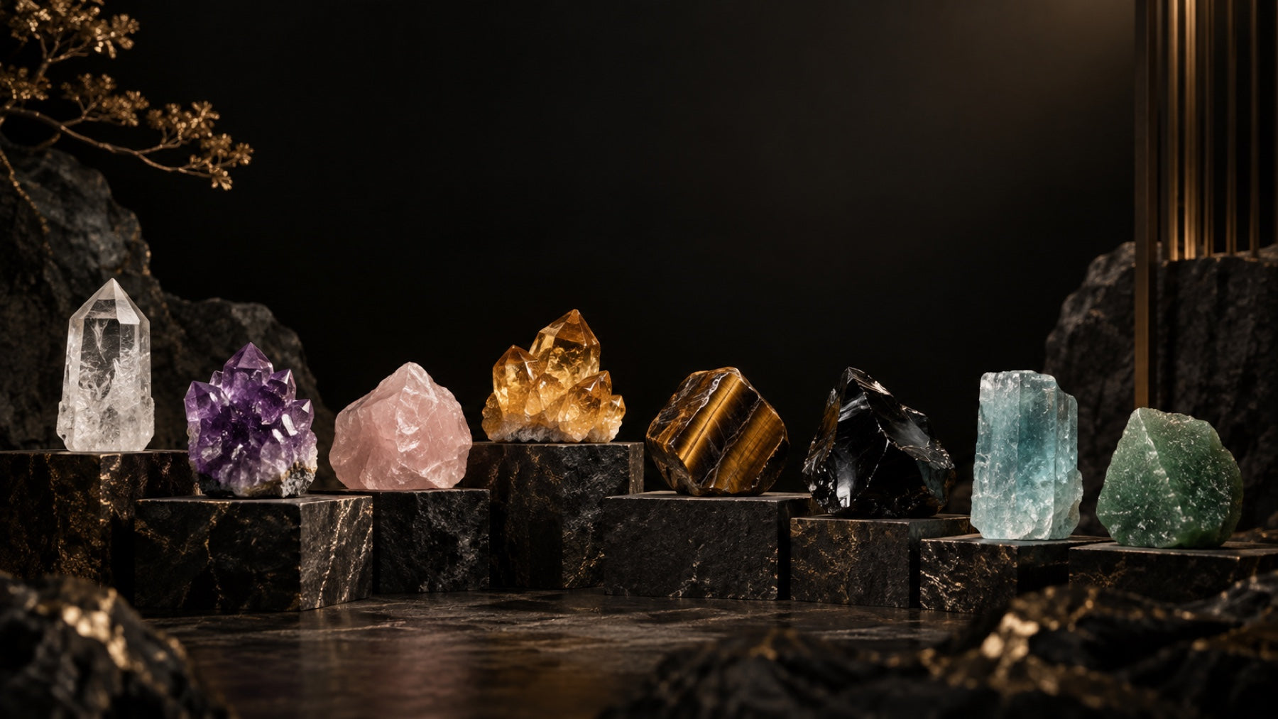 A curated archive of eight natural crystal specimens