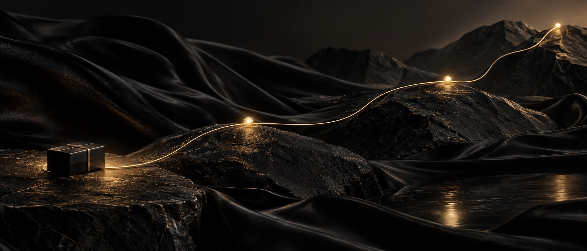 A golden path crossing a dark landscape, symbolizing a parcel in transit